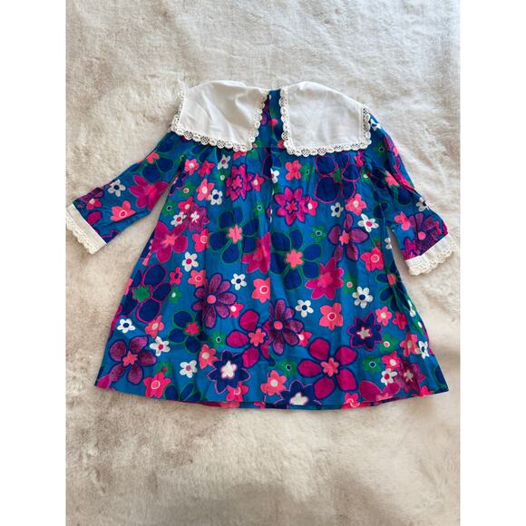Vintage Bright Blue Pink Mod Floral Dress Size 3 - Picture 3 of 6